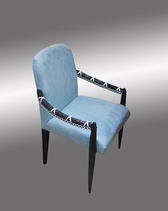 Neoclassical Dark Finishing Armchair with Carving Elements in White, Upholstered
