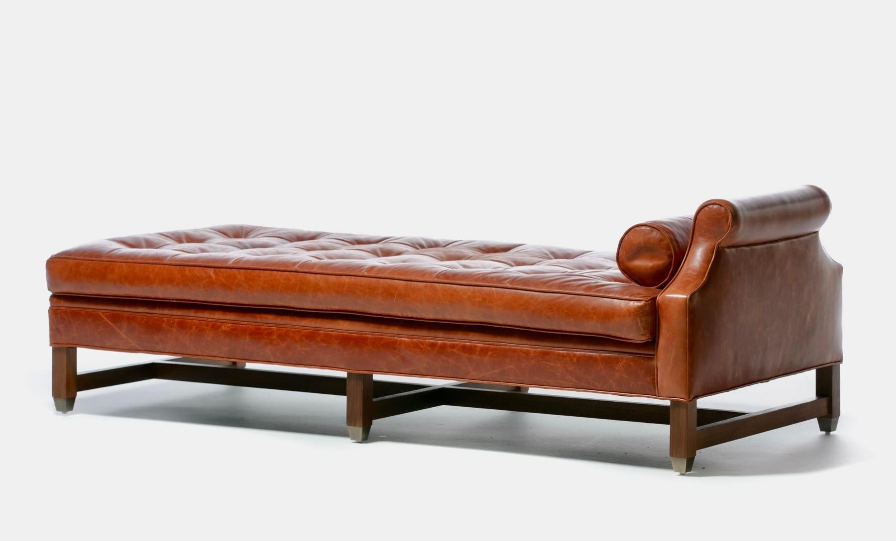 Neoclassical Daybed in Antique Chestnut Leather with Walnut and Brass Base  5