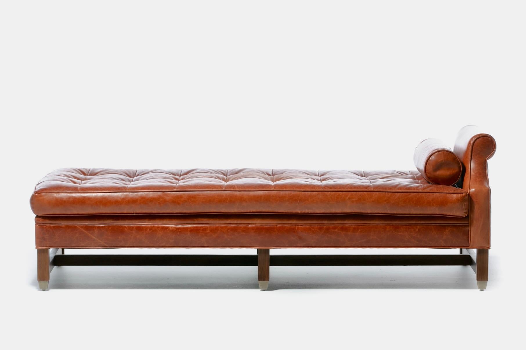 Neoclassical Daybed in Antique Chestnut Leather with Walnut and Brass Base  6