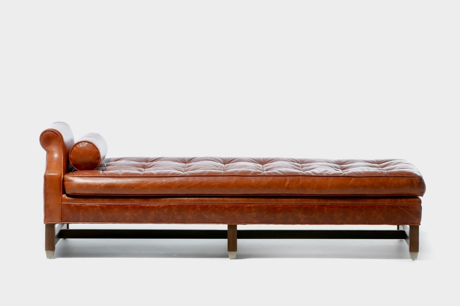 Contemporary Neoclassical Daybed in Antique Chestnut Leather with Walnut and Brass Base 