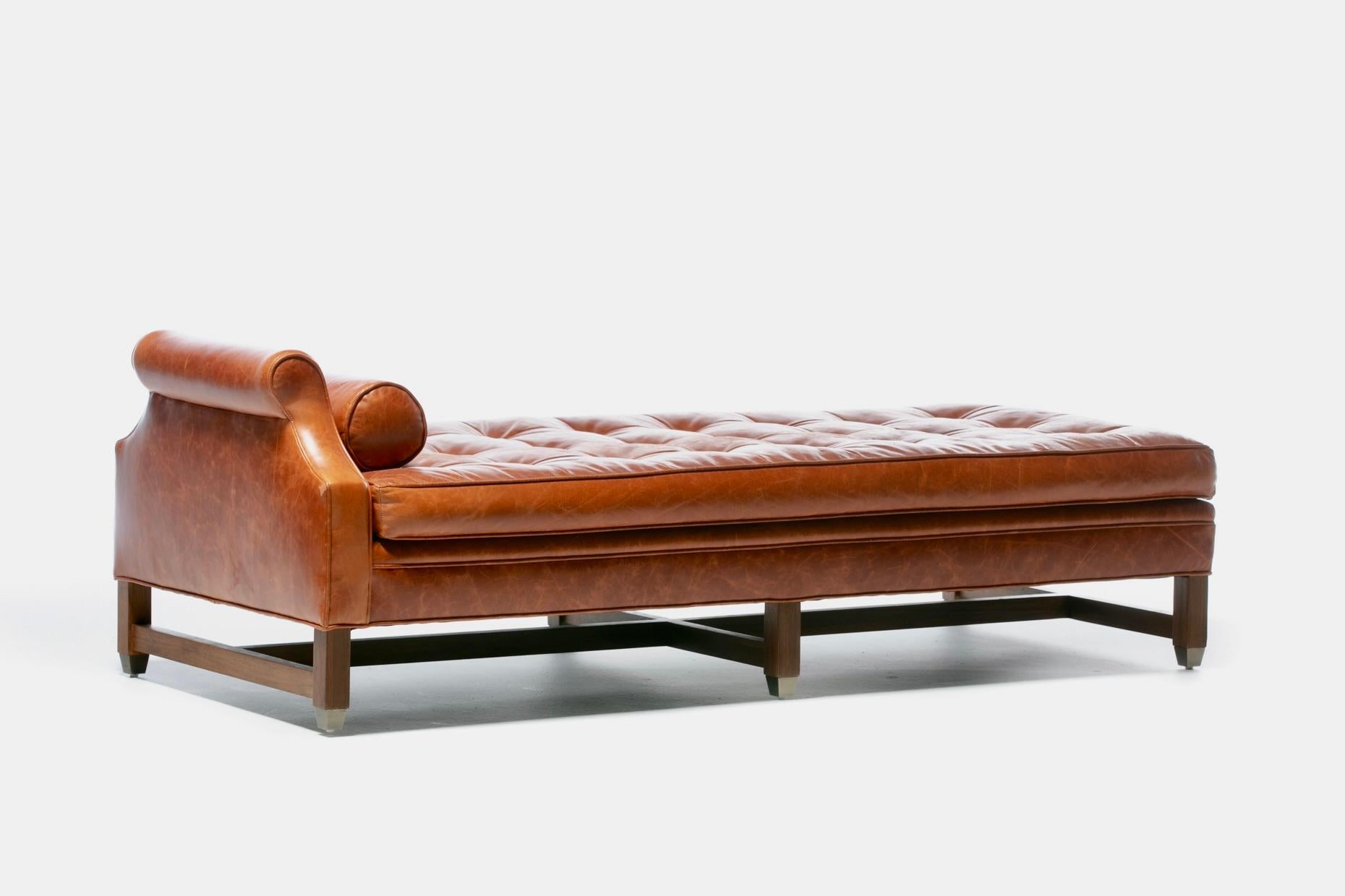 Neoclassical Daybed in Antique Chestnut Leather with Walnut and Brass Base  1