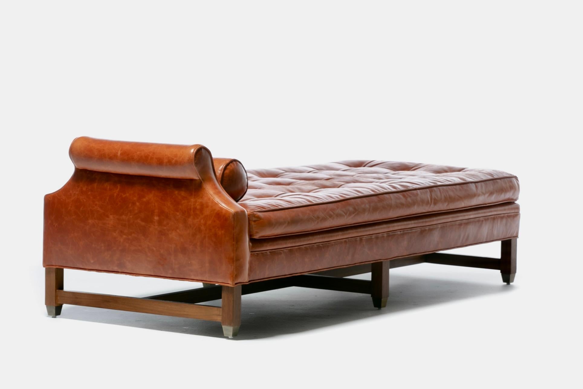 Neoclassical Daybed in Antique Chestnut Leather with Walnut and Brass Base  2