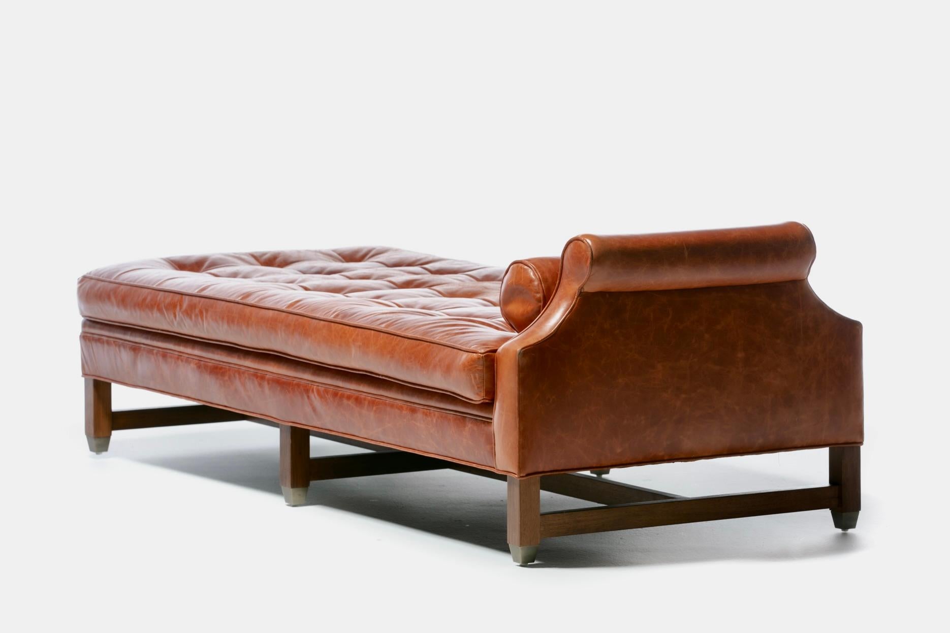 Neoclassical Daybed in Antique Chestnut Leather with Walnut and Brass Base  4
