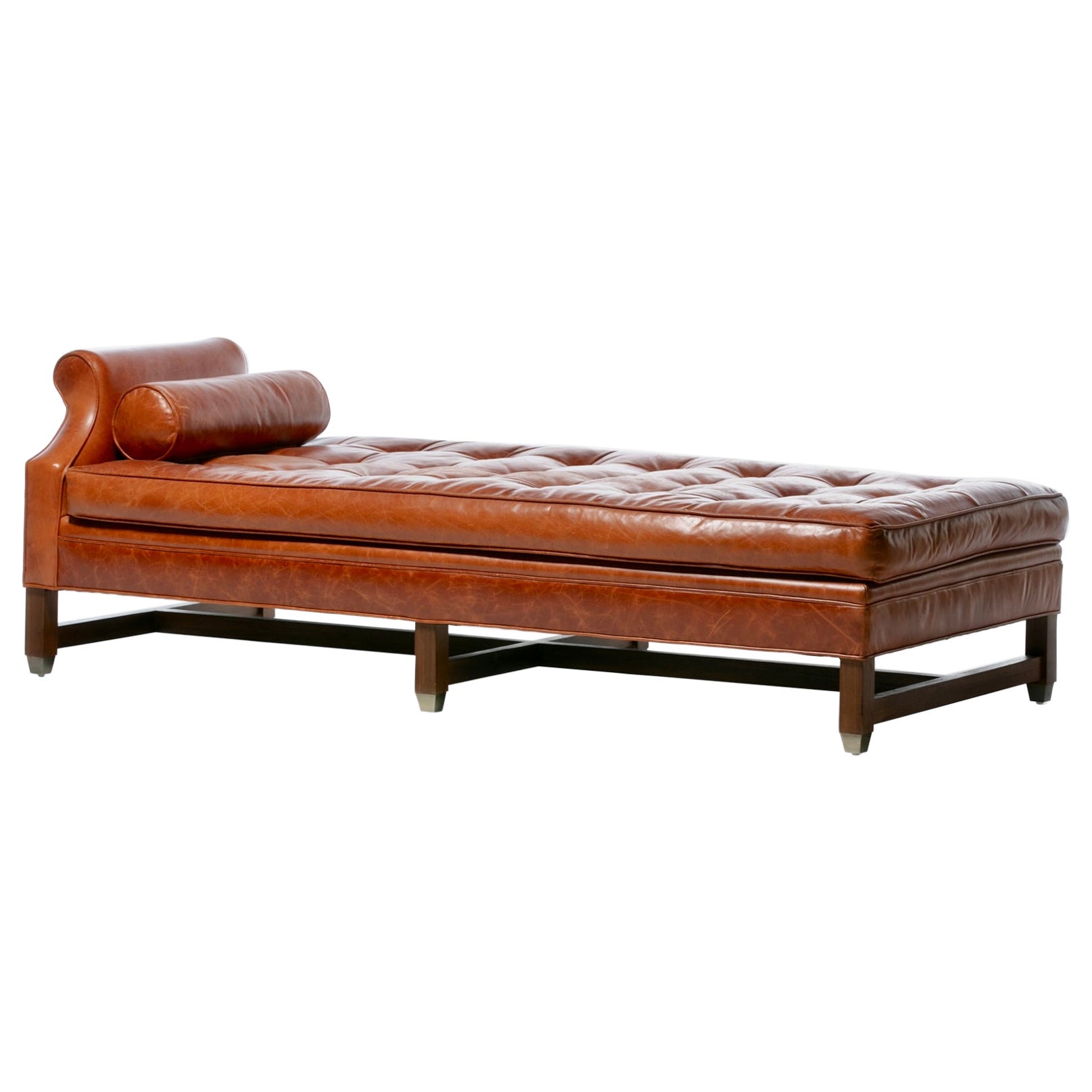 Neoclassical Daybed in Antique Chestnut Leather with Walnut and Brass Base