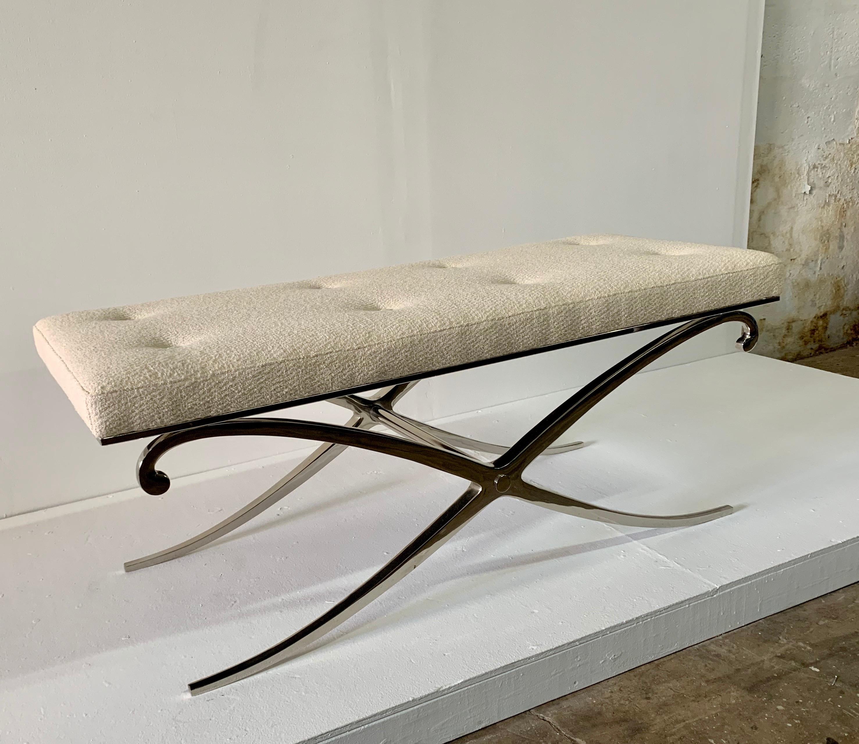 Polished Neoclassical Design X Bench with Bouclé Fabric Seat