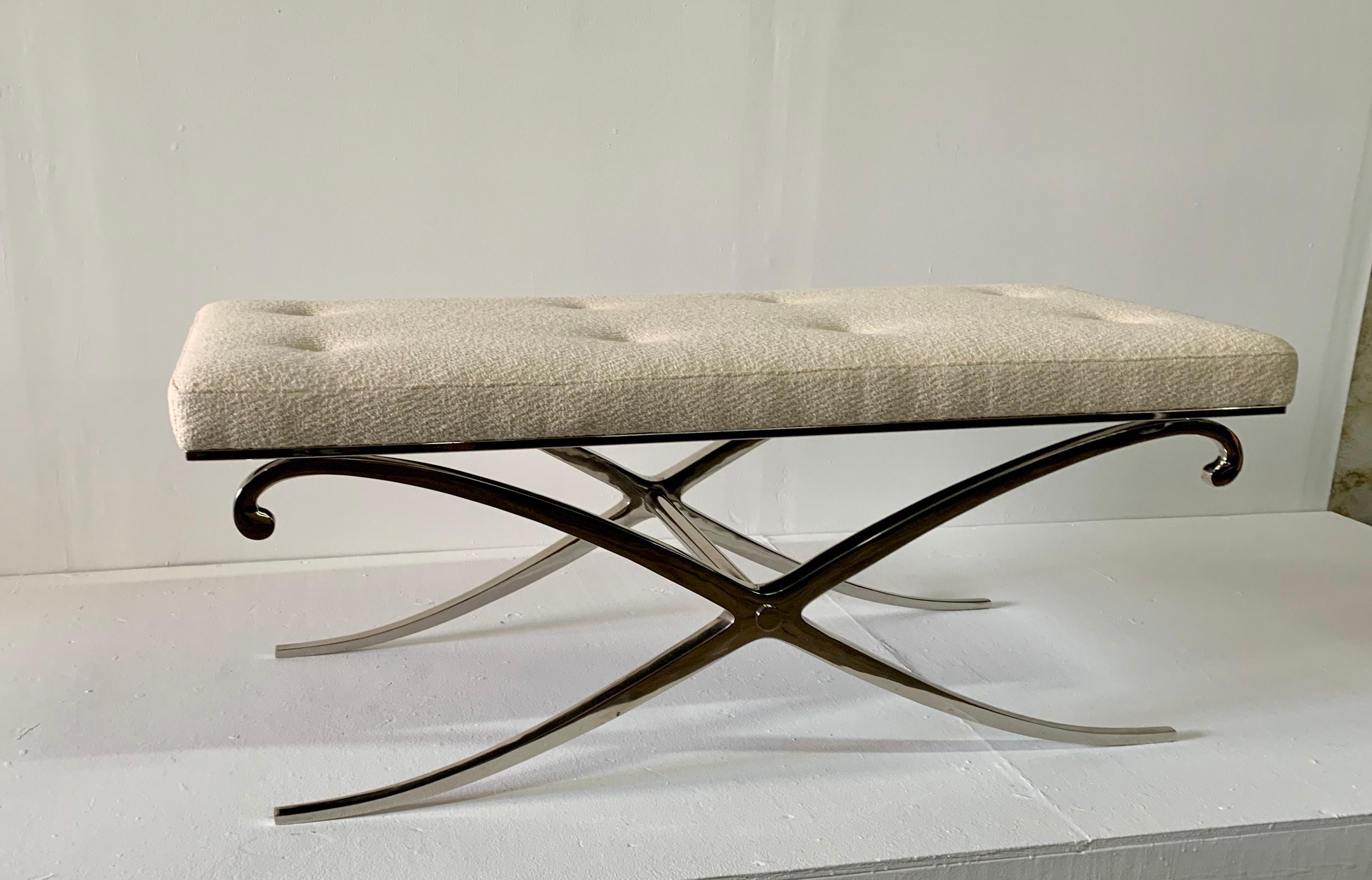 Mid-20th Century Neoclassical Design X Bench with Bouclé Fabric Seat