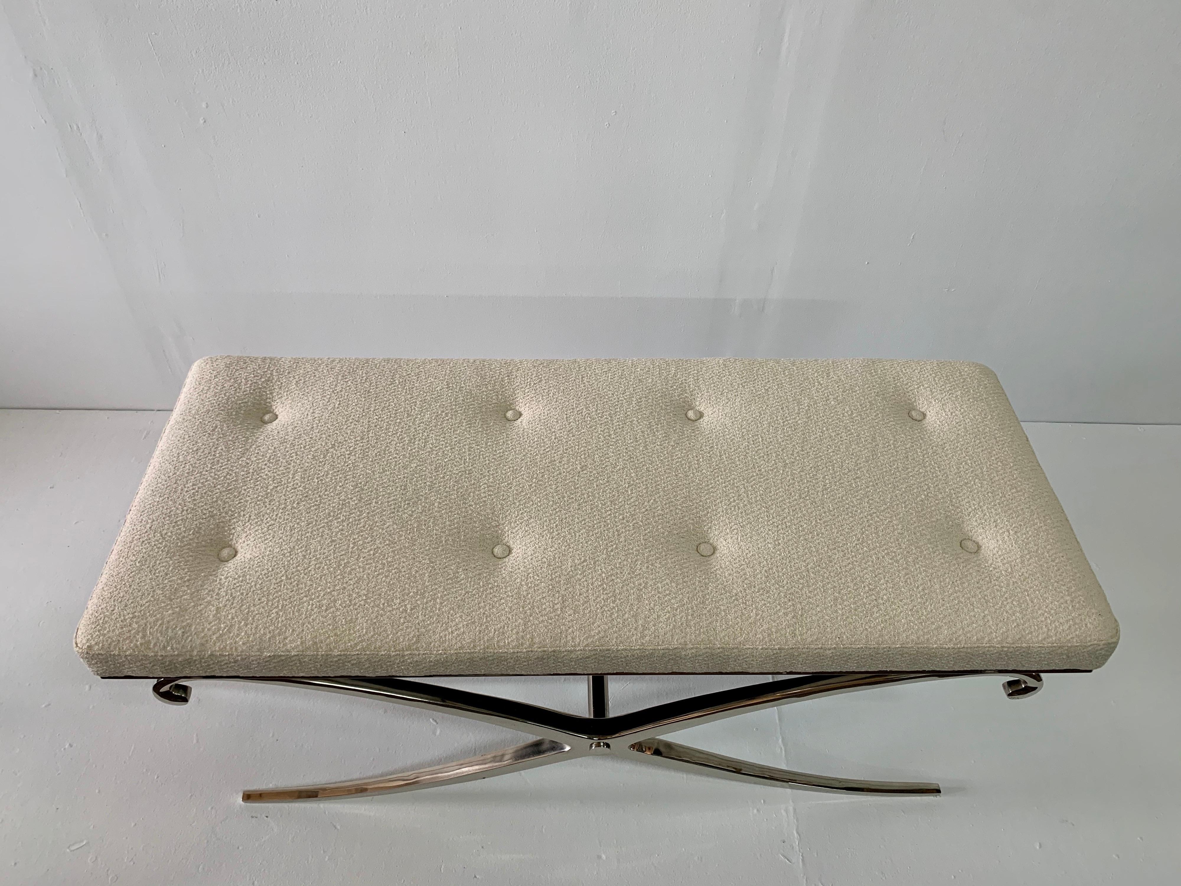 Steel Neoclassical Design X Bench with Bouclé Fabric Seat