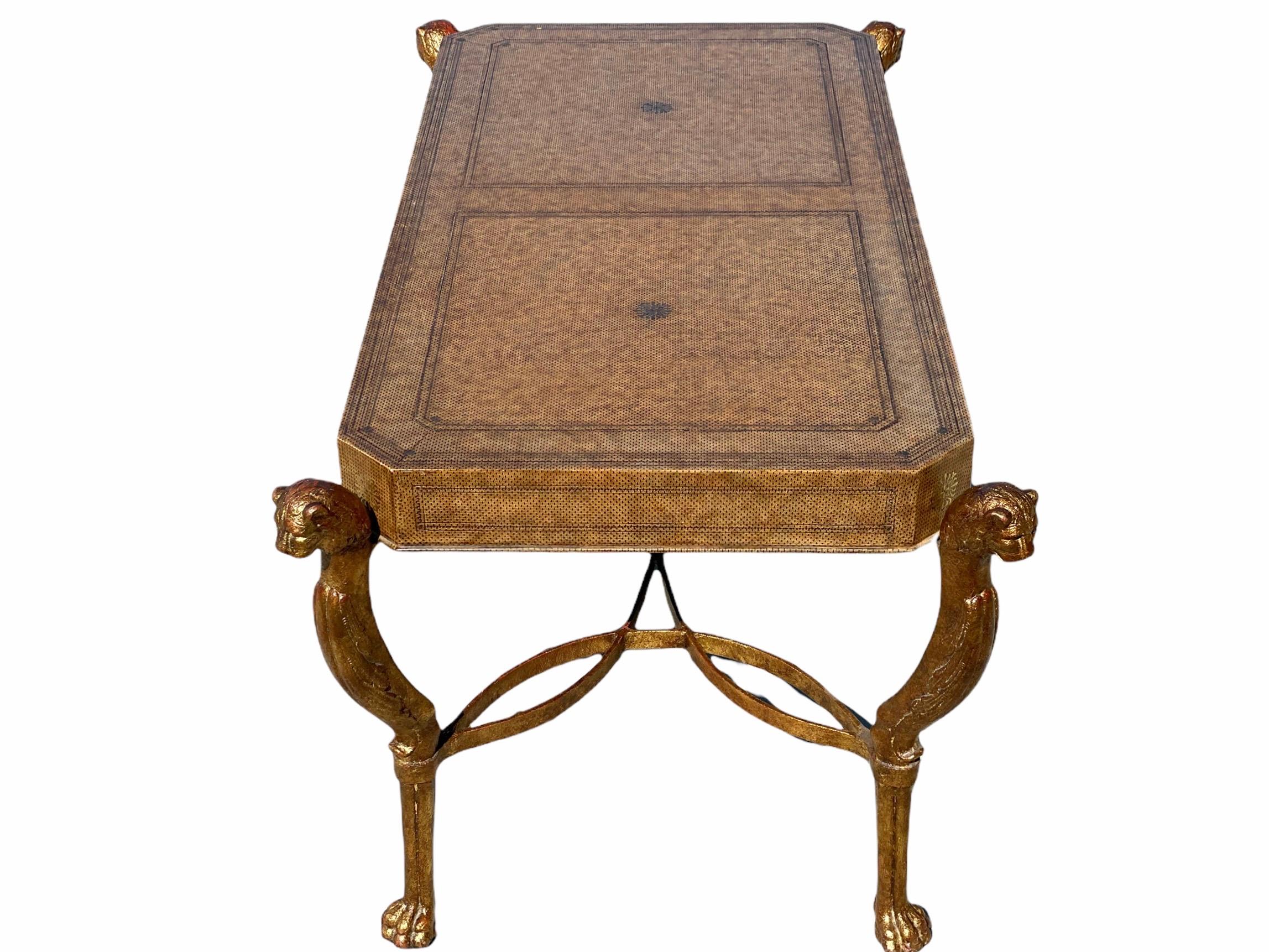 Neoclassical Desk by Maitland Smith in Leather and Gilt Wrought Iron, Lion Head 9