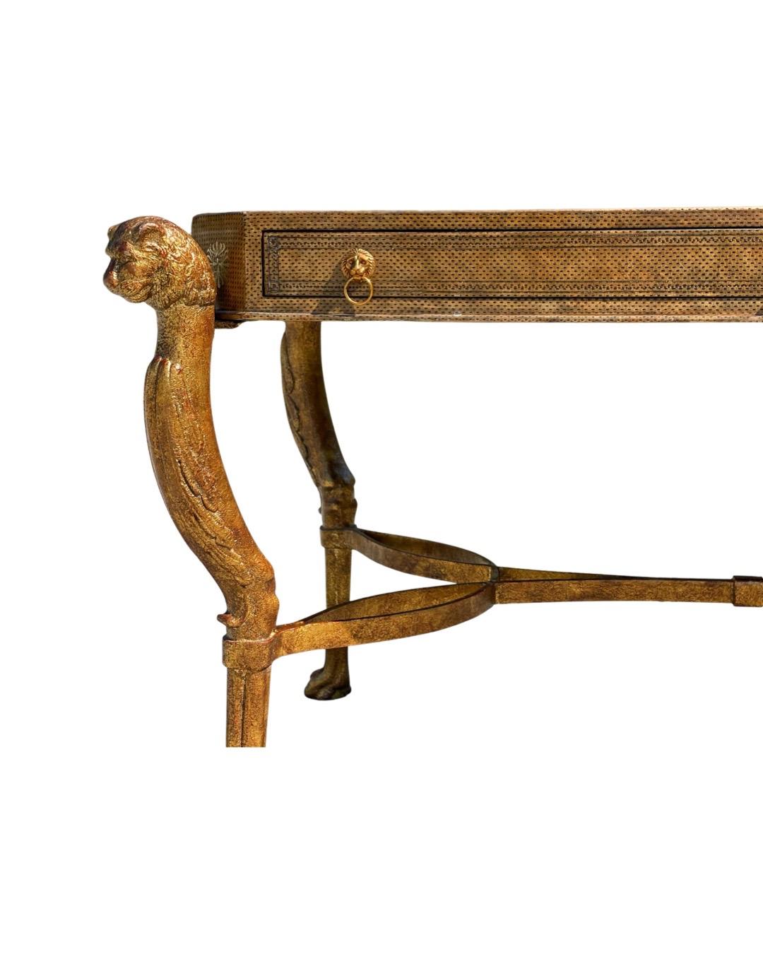 Mid-Century Modern Neoclassical Desk by Maitland Smith in Leather and Gilt Wrought Iron, Lion Head
