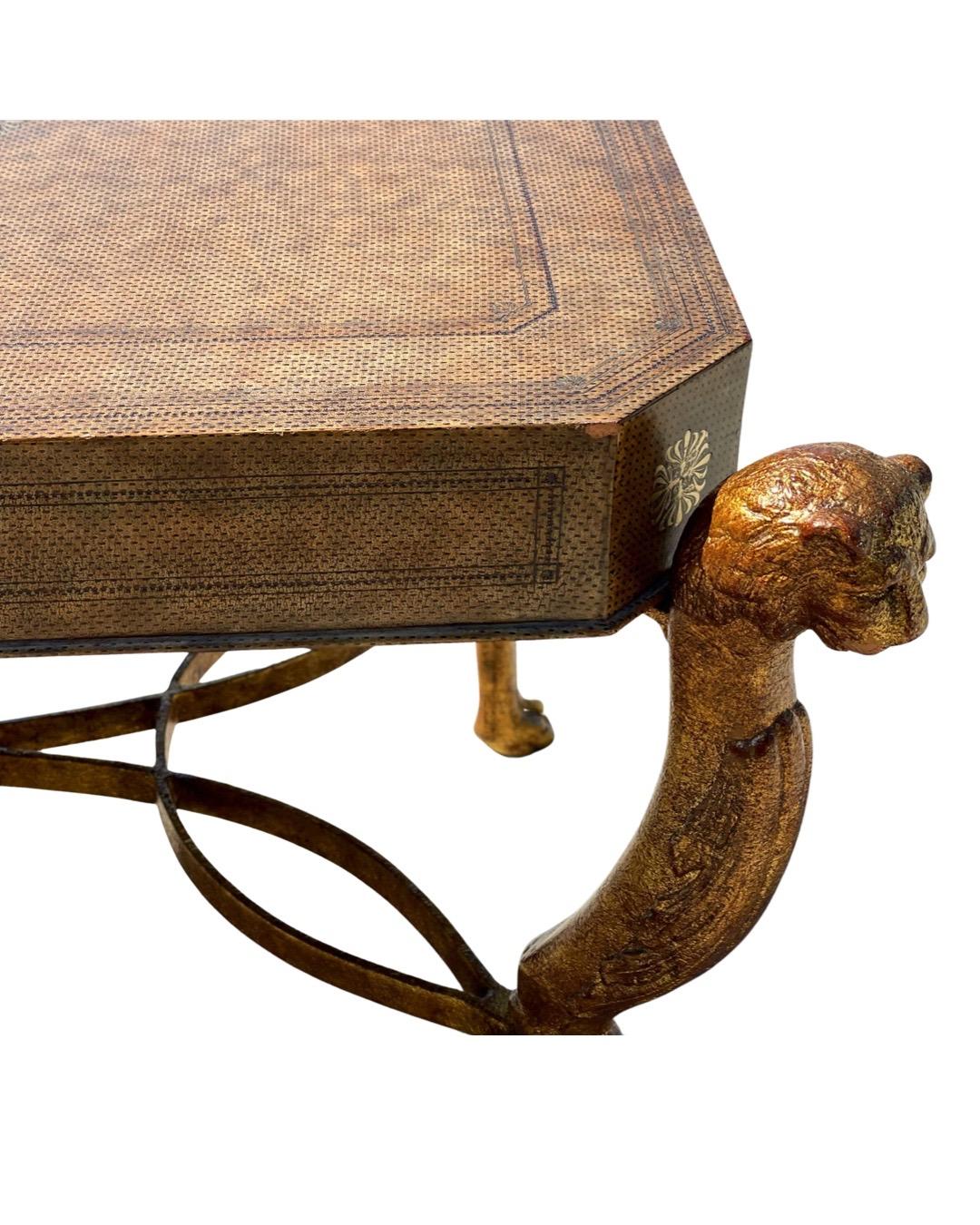 Philippine Neoclassical Desk by Maitland Smith in Leather and Gilt Wrought Iron, Lion Head