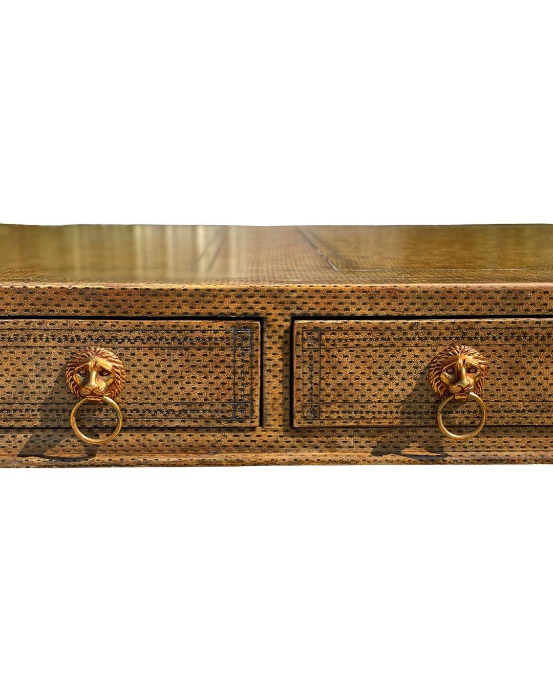 Neoclassical Desk by Maitland Smith in Leather and Gilt Wrought Iron, Lion Head In Good Condition In Framingham, MA