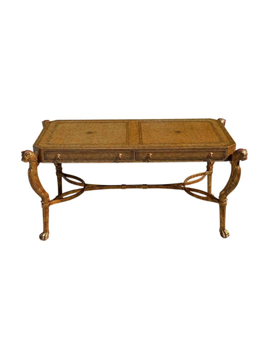 Late 20th Century Neoclassical Desk by Maitland Smith in Leather and Gilt Wrought Iron, Lion Head