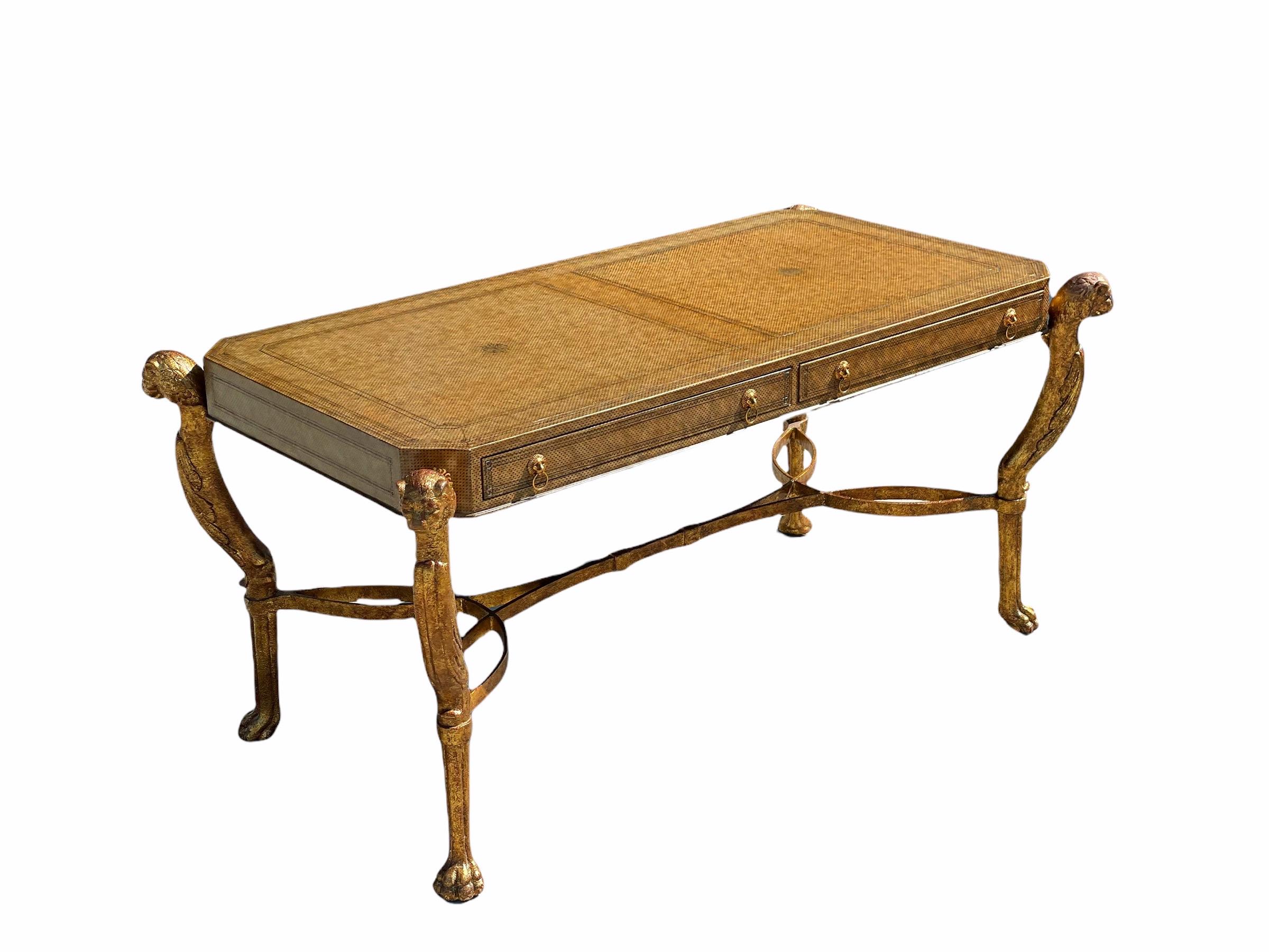 Metal Neoclassical Desk by Maitland Smith in Leather and Gilt Wrought Iron, Lion Head