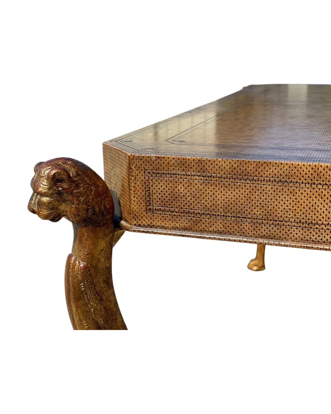 Neoclassical Desk by Maitland Smith in Leather and Gilt Wrought Iron, Lion Head 1