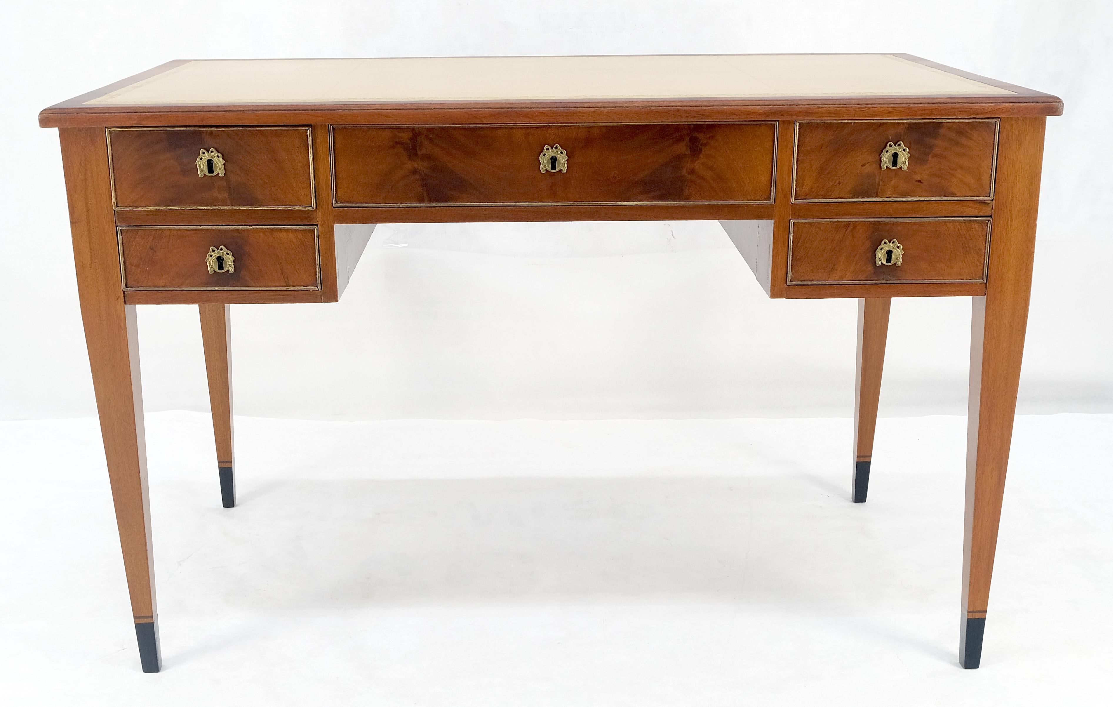American Neoclassical Directoire Style Beige Leather Top Crotch Mahogany Tepered Leg Desk For Sale