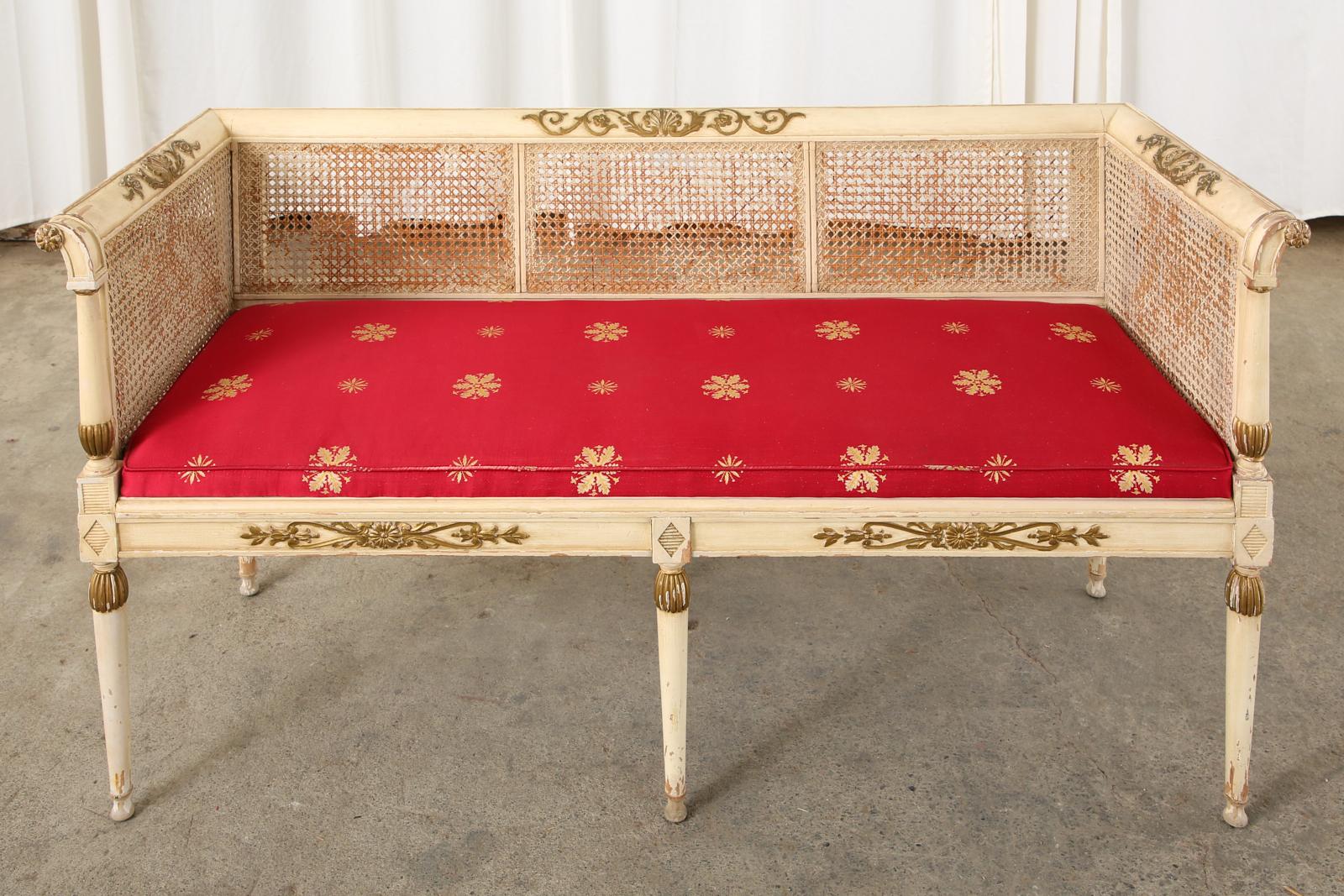 Italian Neoclassical Directoire Style Painted Caned Settee Bench Seat