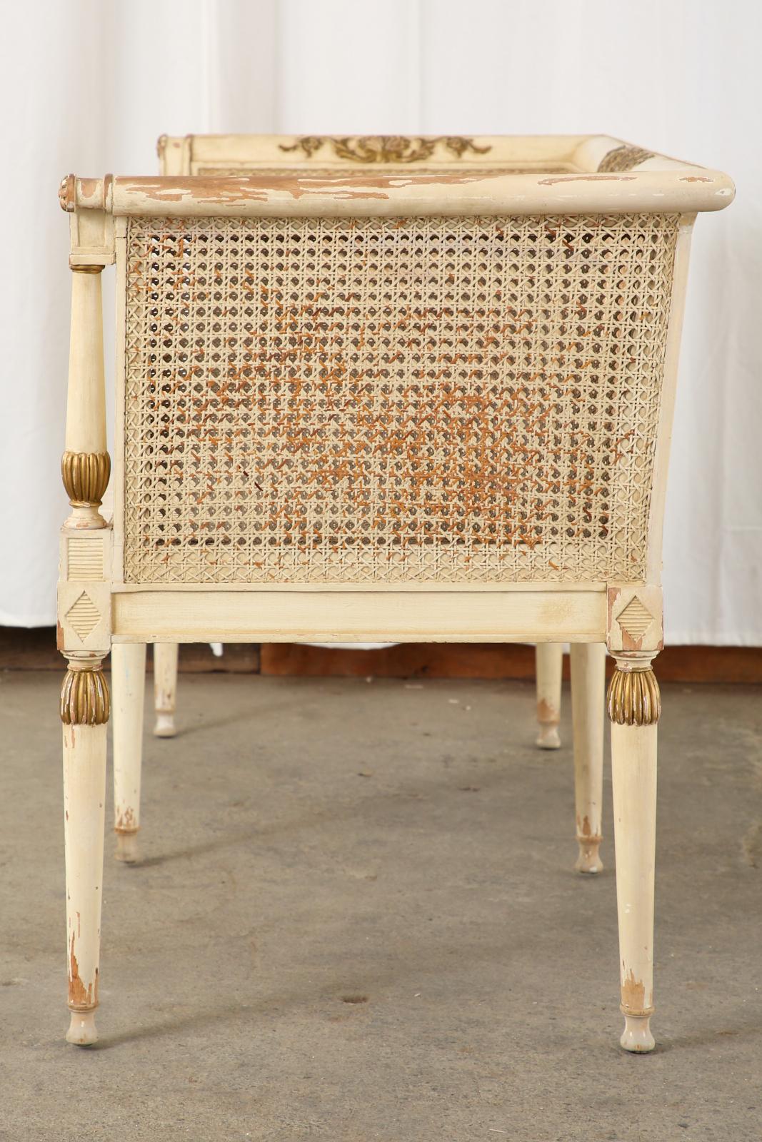 Fabric Neoclassical Directoire Style Painted Caned Settee Bench Seat