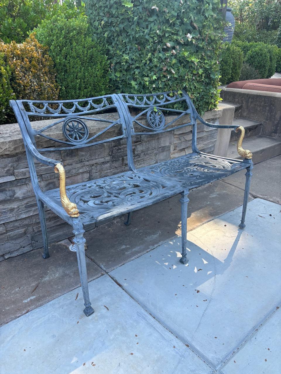 Beautifully detailed cast aluminum NeoClassical Settee with original patinated Verdigris finish from the Molla Foundry. This settee features its original beautifully detailed casting and finish. Please confirm actual shipping costs to its