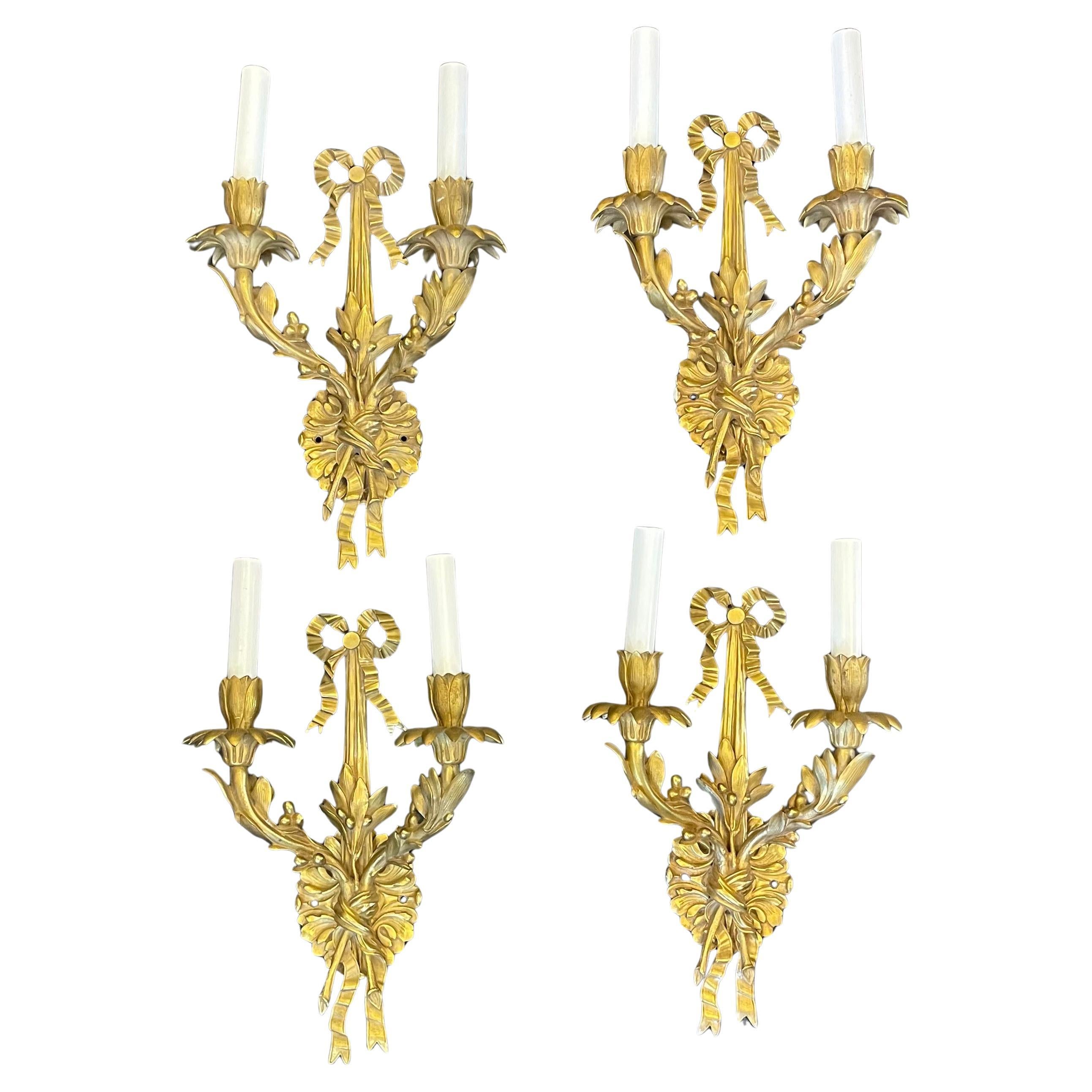 Neoclassical Dore Bronze Louis XVI Set Four Bronze Bow Top Fine Filigree Sconces