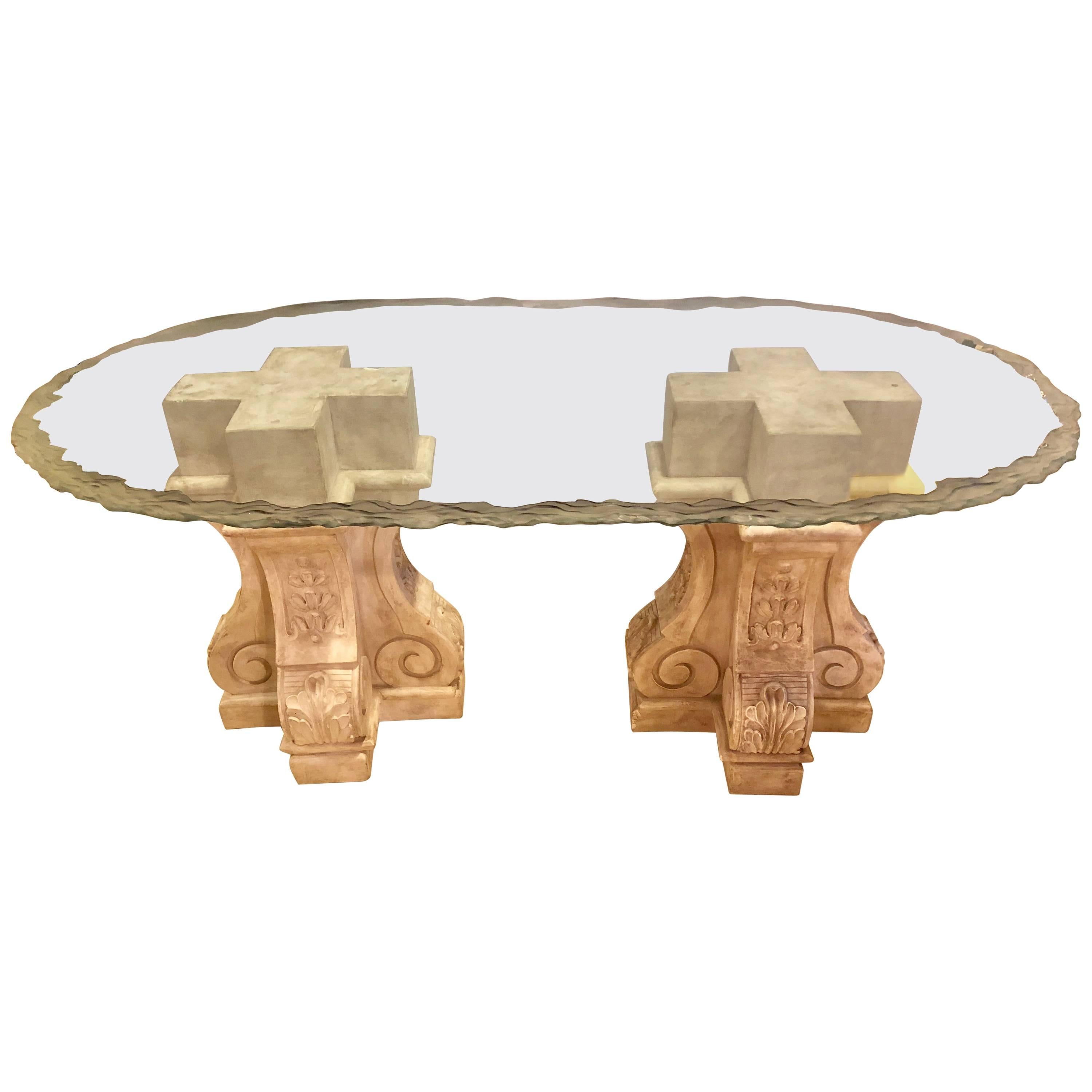 Neoclassical Double Column Glass Top Lalique Style Centre or Dining Table
