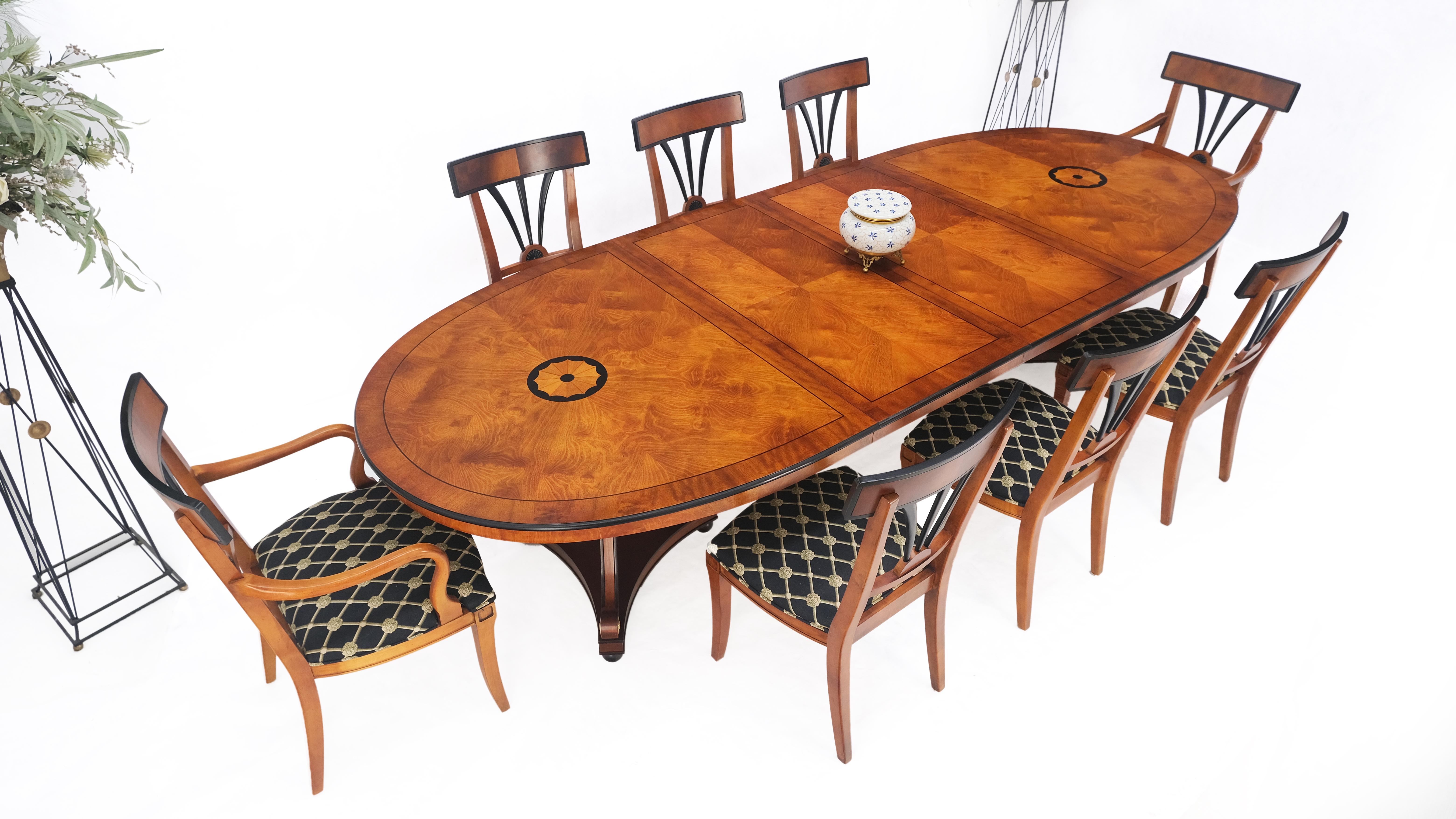 Satinwood Neoclassical Double Pedestal Oval Banded Dining Table 2 Leafs  8 Chairs Set MINT
