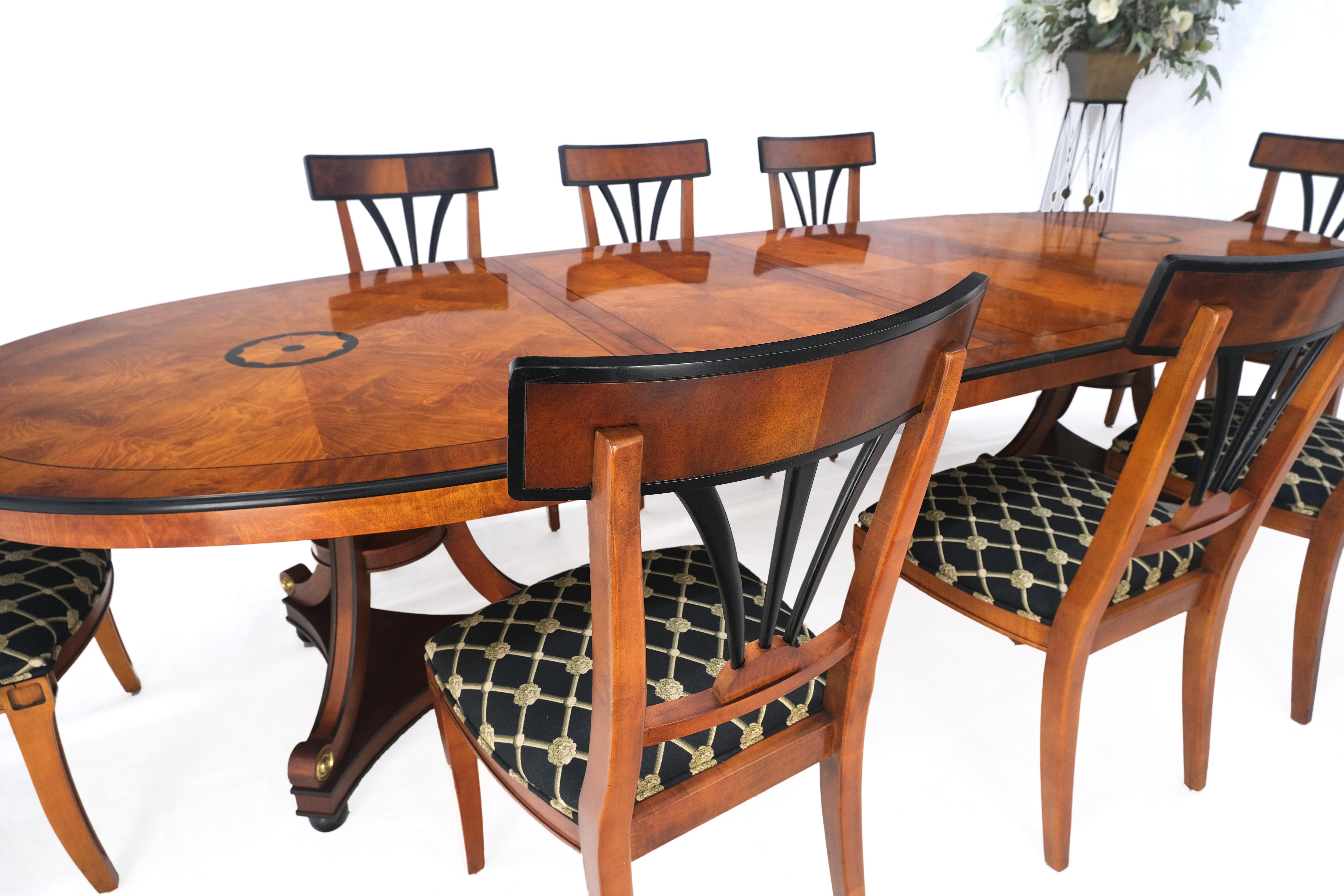 Neoclassical Double Pedestal Oval Banded Dining Table 2 Leafs  8 Chairs Set MINT!
Banded table top with inlaid top ebonized edges. Double armchairs set.
Table Dimensions:
Two leaves are 22