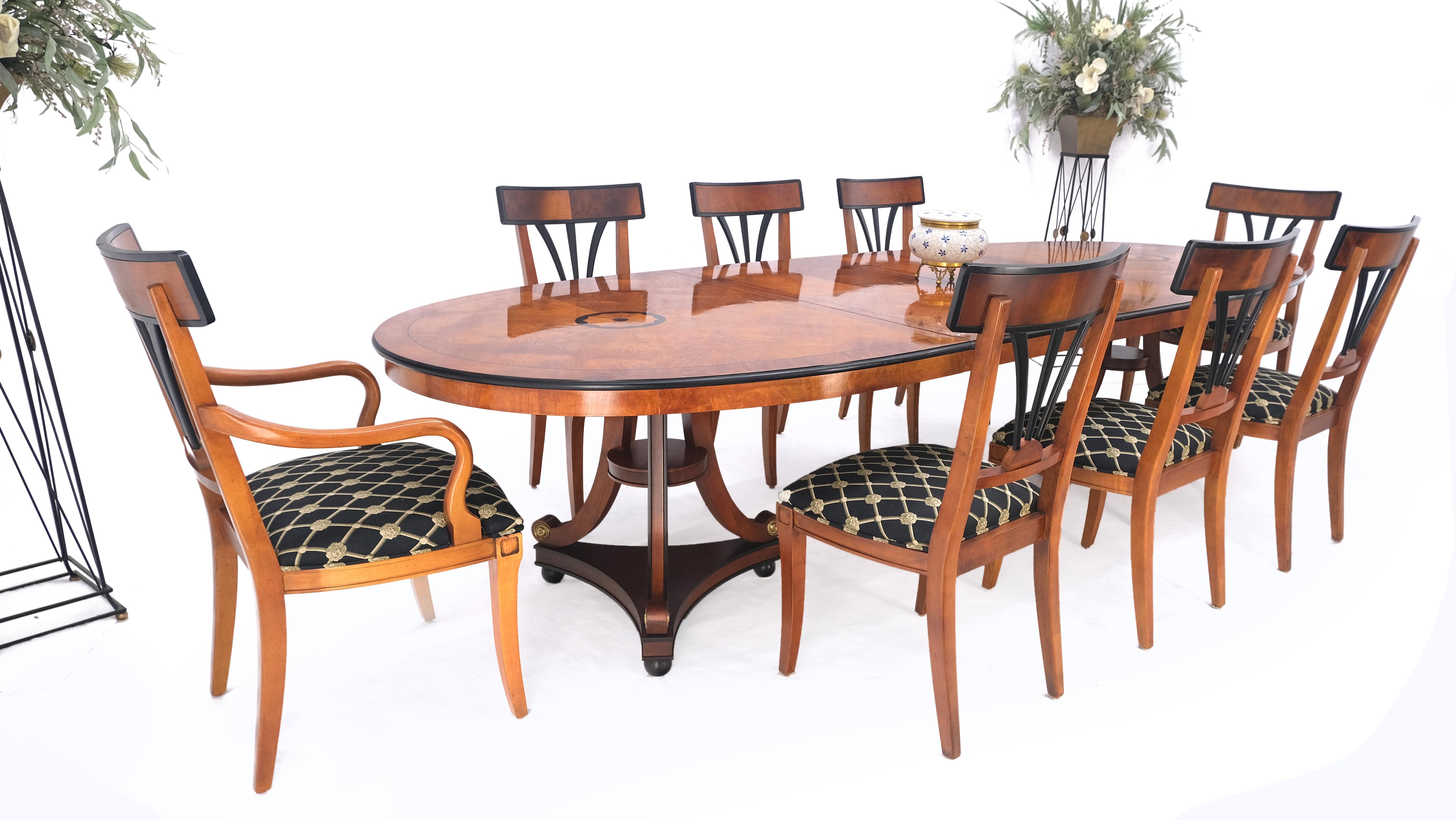 American Neoclassical Double Pedestal Oval Banded Dining Table 2 Leafs  8 Chairs Set MINT