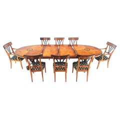 Table de salle à manger néoclassique à double piédestal à bandes ovales 2 feuilles  Ensemble de 8 chaises MINT
