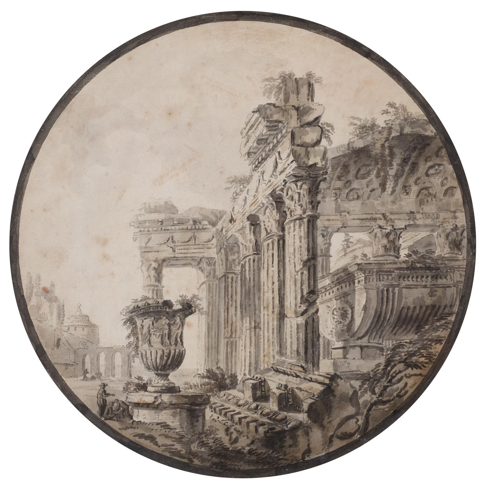 Neoclassical capriccio view of majestic Roman ruins with small figures engaged in daily activities in the background.
Pencil, ink and wash on paper. Set in a Louis XVI style giltwood frame.
Capricci, typically defined as an architectural fantasy,