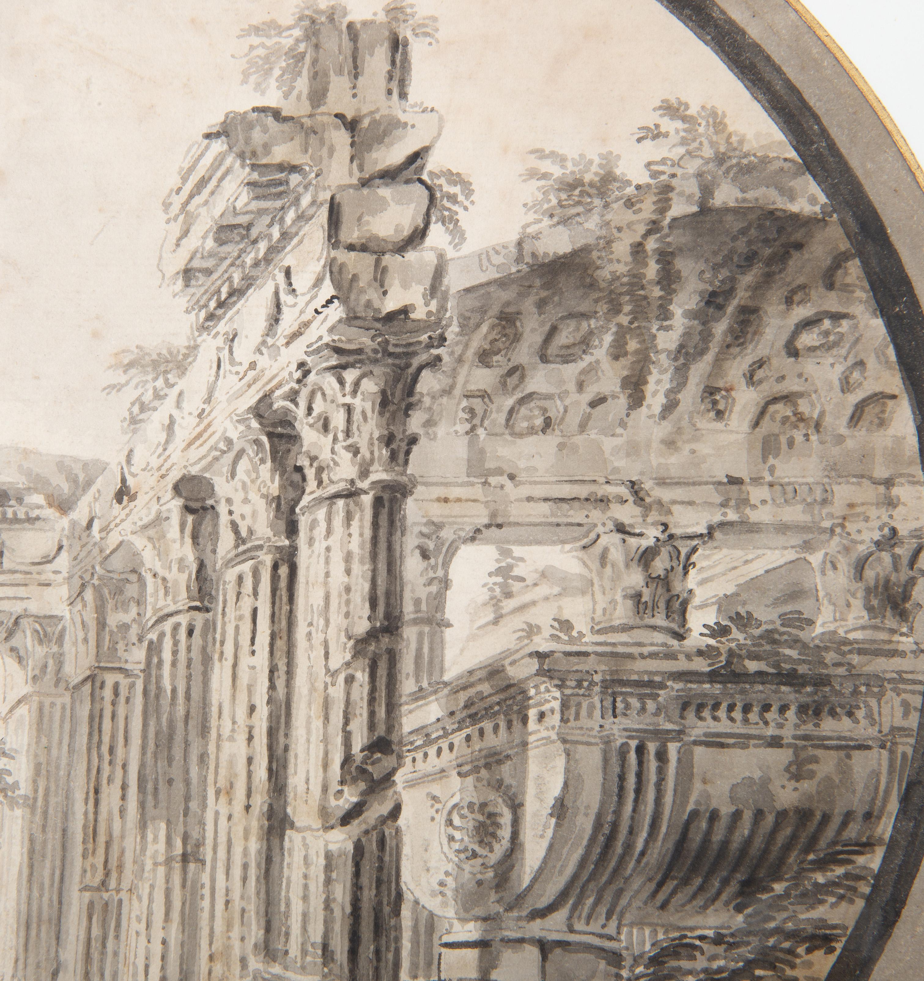 Paper Neoclassical Drawing of Roman Ruins, 18th Century French School For Sale