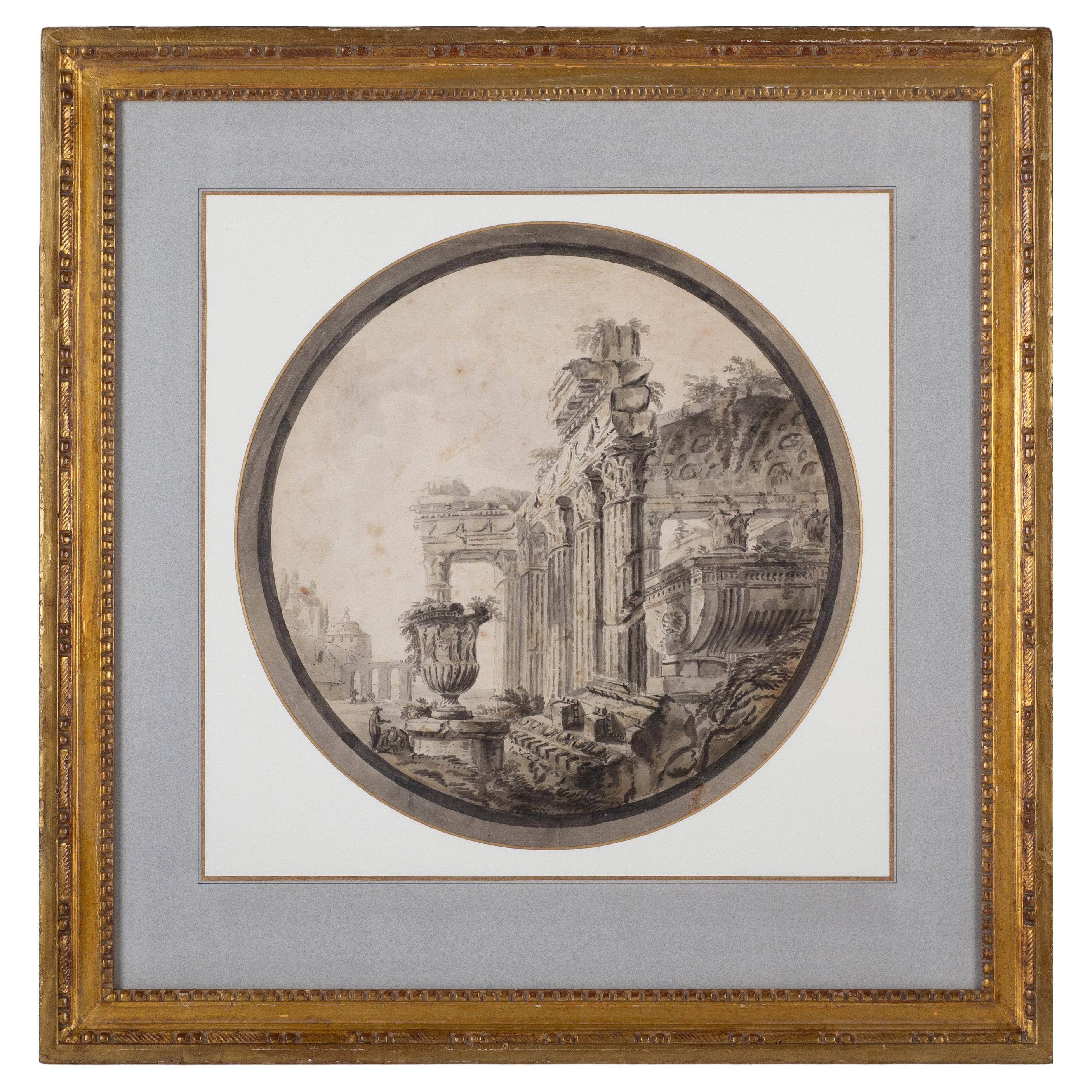 Neoclassical Drawing of Roman Ruins, 18th Century French School For Sale