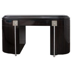 Neoclassical Dressing Table in Ebony Wood and Moulded Glass in Lalique Style
