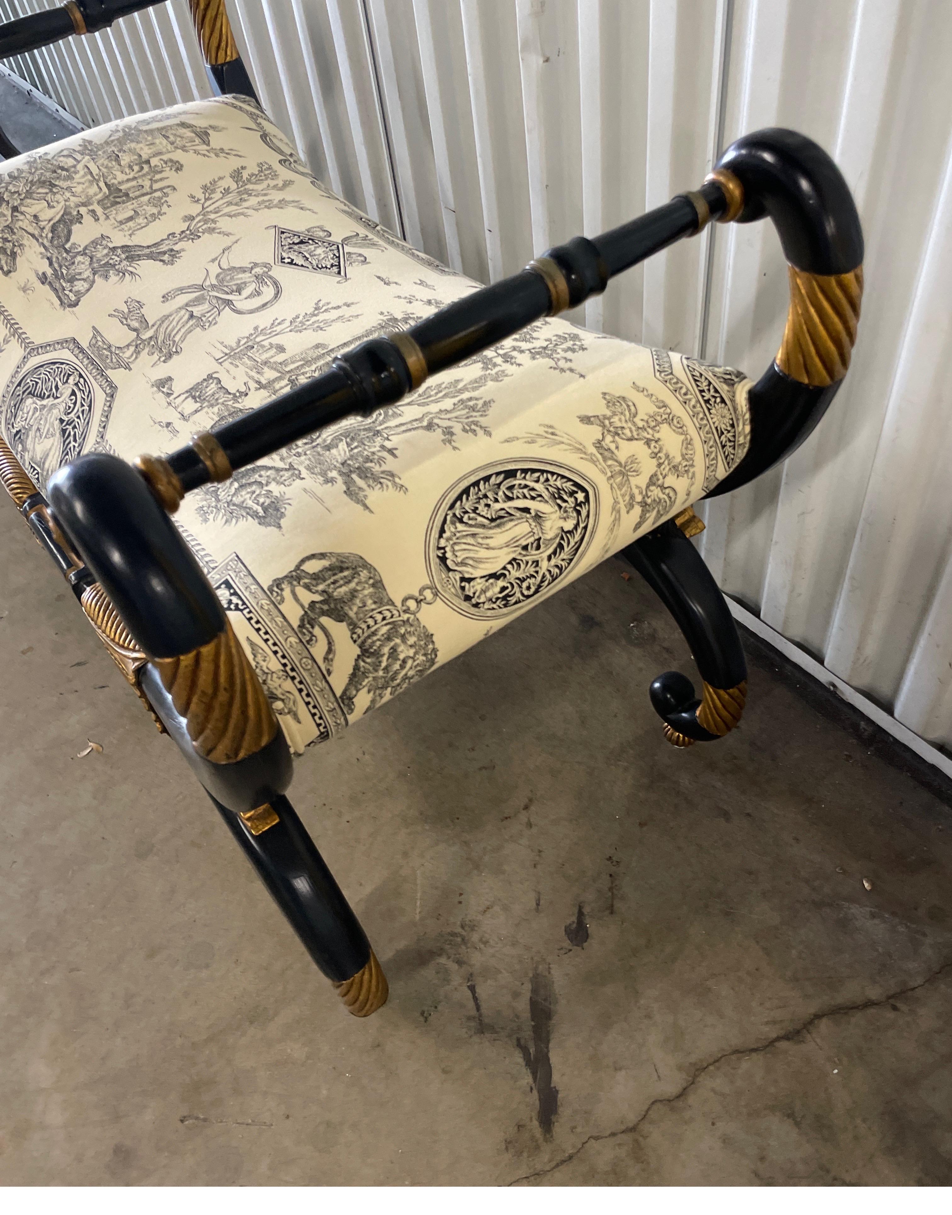 20th Century Neoclassical Ebonized & Gilded Bench by Baker For Sale