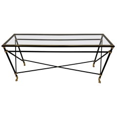 Neoclassical Ebonized Iron and Brass Console Table with Hoof Feet, France, 1970s