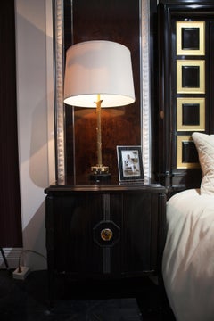 Neoclassical Ebony Wood Night Stand with Art Glass