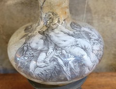 Neoclassical Églomisé Table Lamp Cherub & Porpoise Detail Base