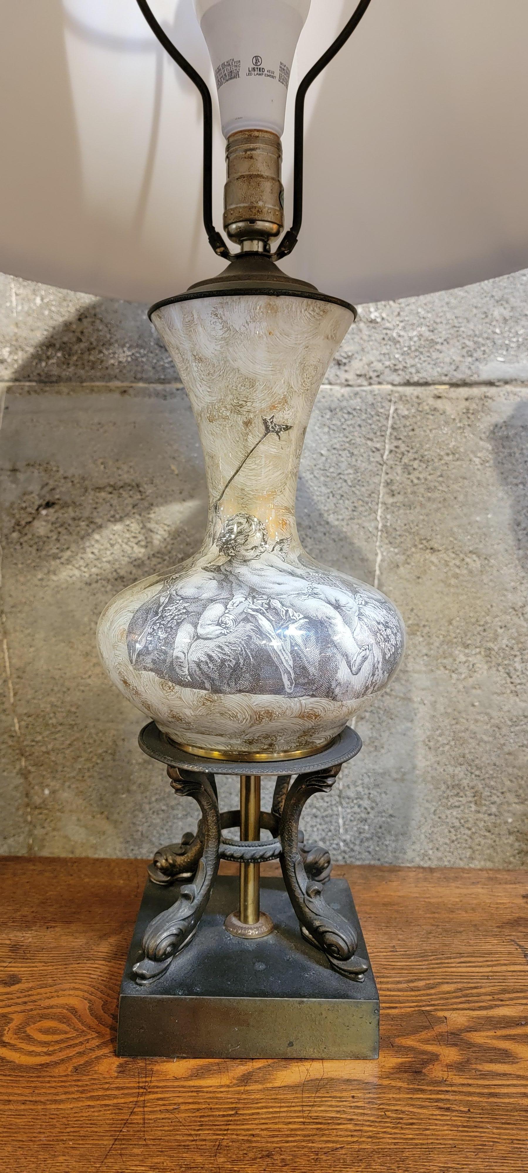 American Neoclassical Églomisé Table Lamp Cherub & Porpoise Detail Base For Sale