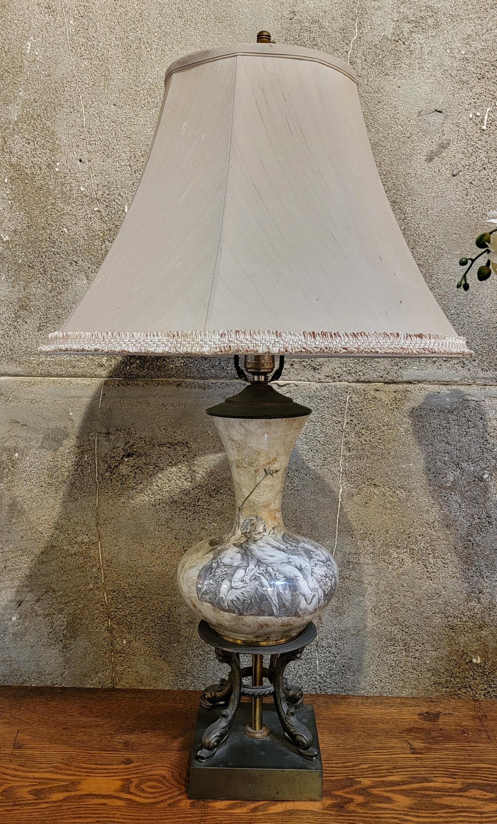 20th Century Neoclassical Églomisé Table Lamp Cherub & Porpoise Detail Base For Sale