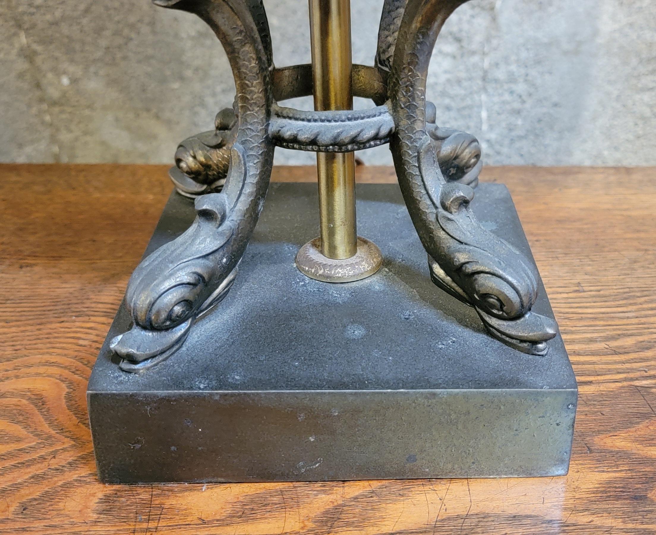 Metal Neoclassical Églomisé Table Lamp Cherub & Porpoise Detail Base For Sale