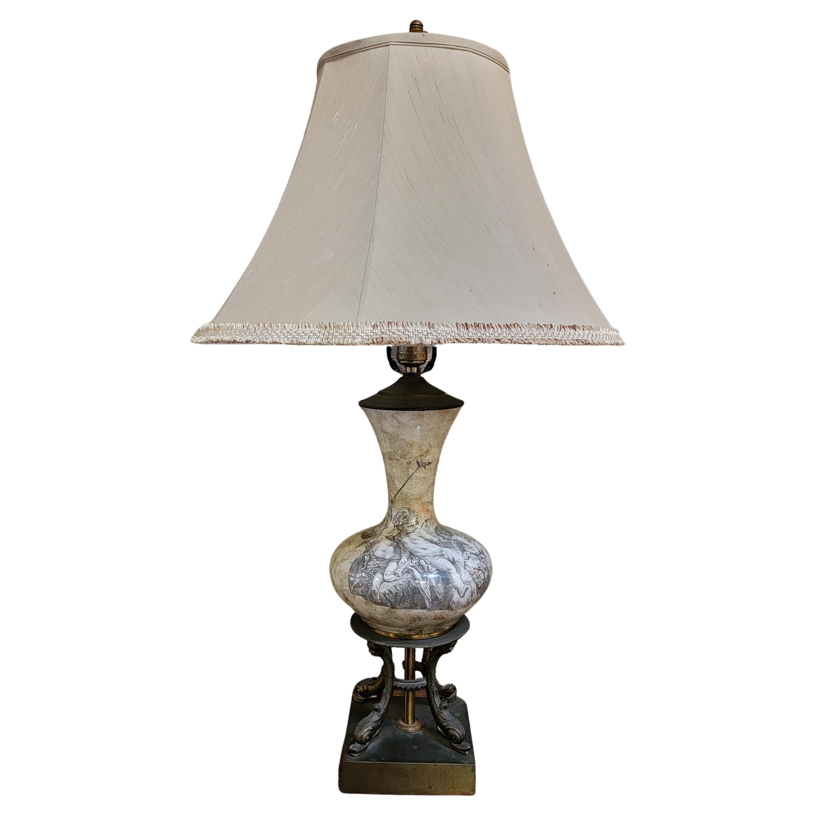 Neoclassical Églomisé Table Lamp Cherub & Porpoise Detail Base