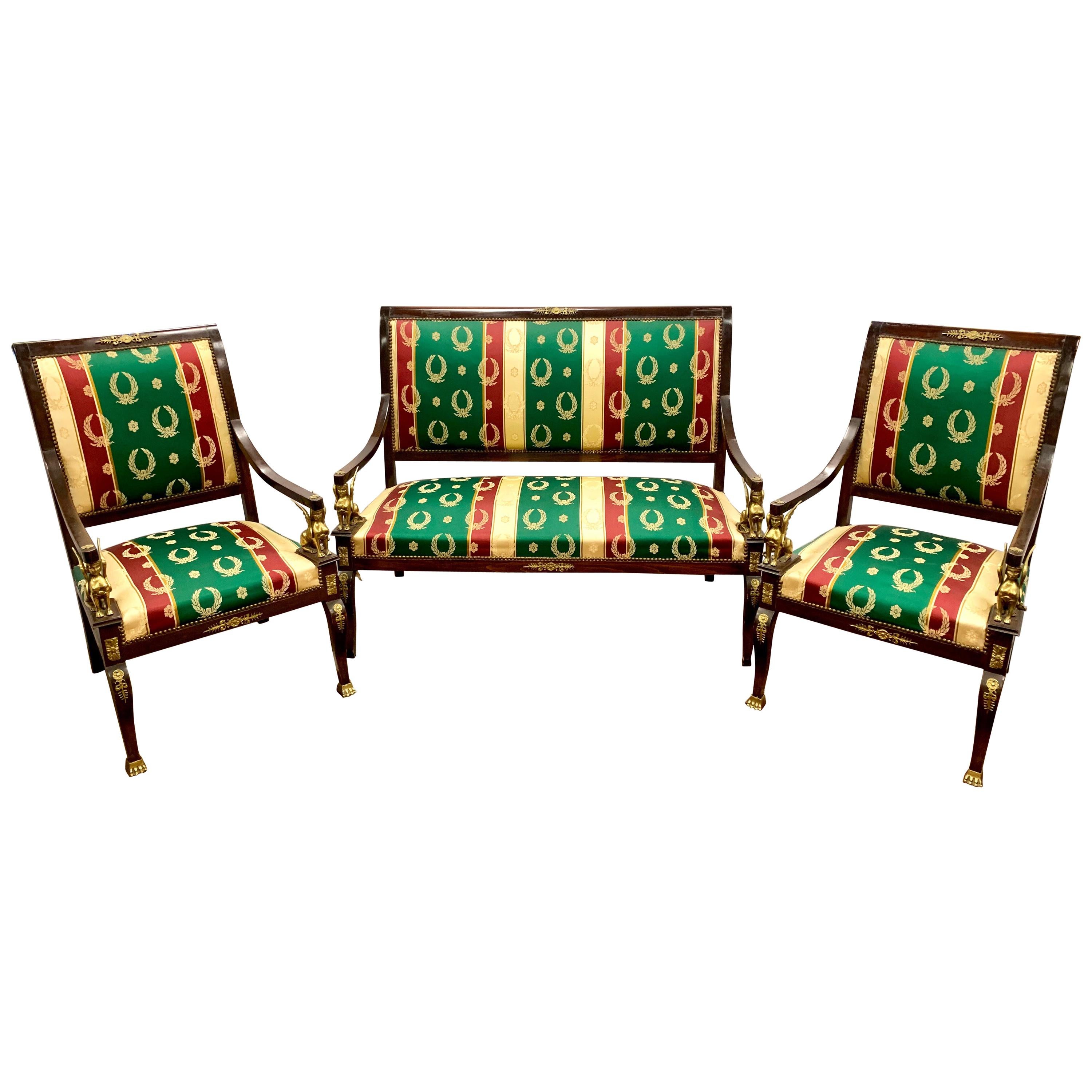 Neoclassical Egyptian Revival 3 Pc Parlor Set, Bench and Pair of Chairs Ormolu