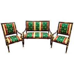 Neoclassical Egyptian Revival 3 Pc Parlor Set, Bench and Pair of Chairs Ormolu