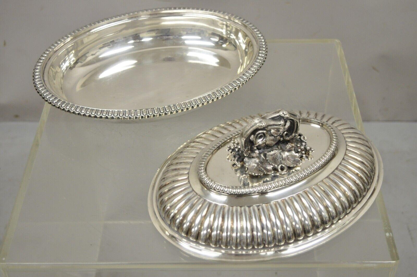 Silver Neoclassical Elkington & Co Covered Serving Dish with Branch Grapevine Handle For Sale