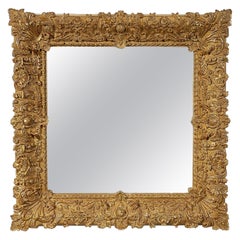 Neoclassical Empire Gold Hand Carved Wooden Square Mirror, Spain, 1970