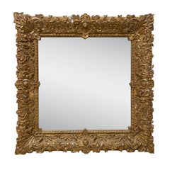 Neoclassical Empire Gold Hand Carved Wooden Square Mirror, Spain, 1970