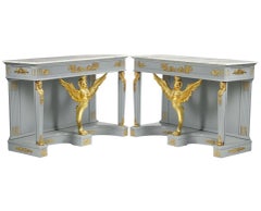 Tavoli da console neoclassici Impero con piano in marmo e montatura in ormù, grigio e dorato, coppia