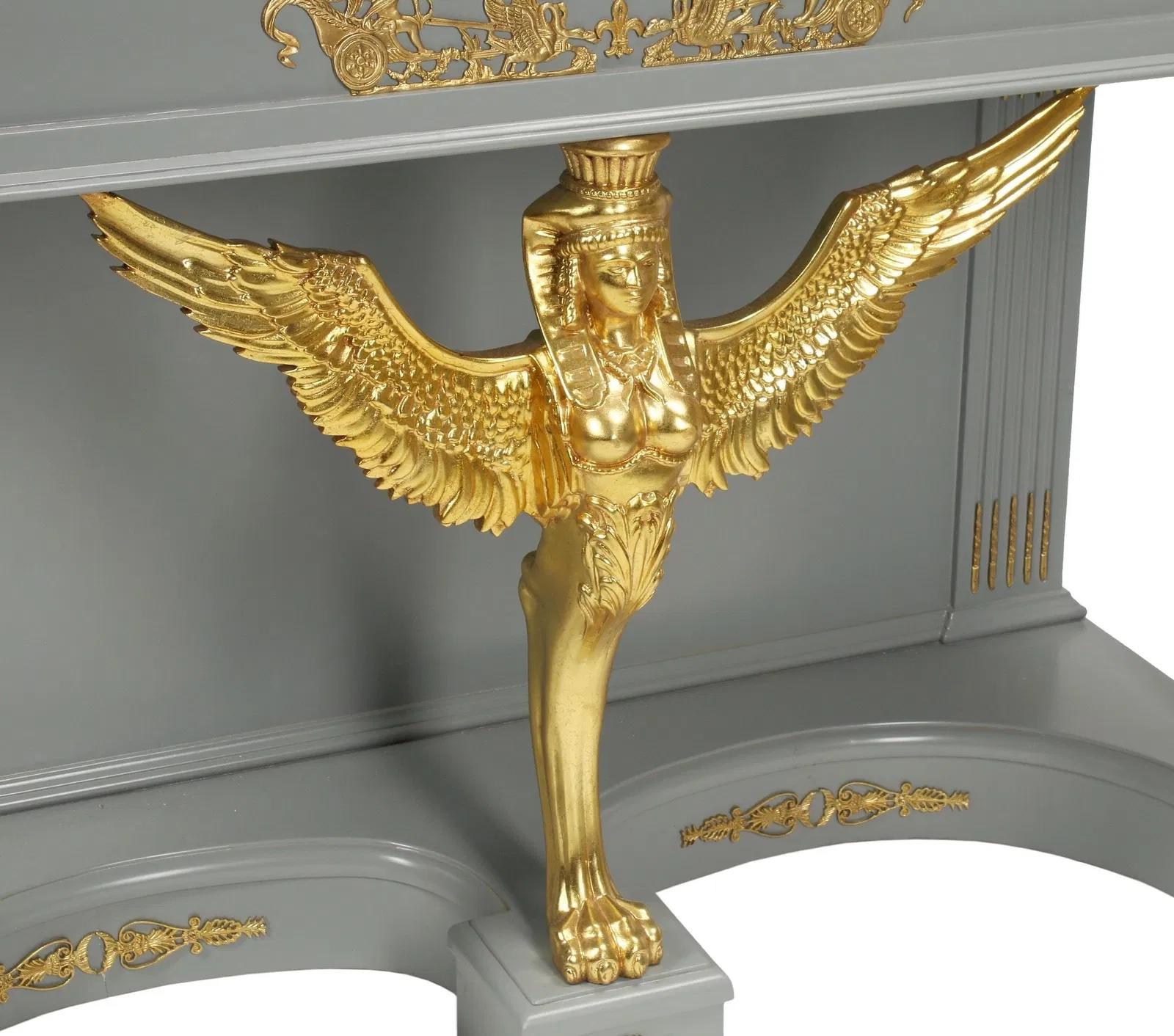 American Neoclassical Empire Marble Top Ormolu Mounted Gray and Gilt Console Tables, Pair For Sale
