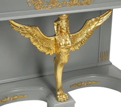 Neoclassical Empire Marble Top Ormolu Mounted Gray and Gilt Console Tables, Pair