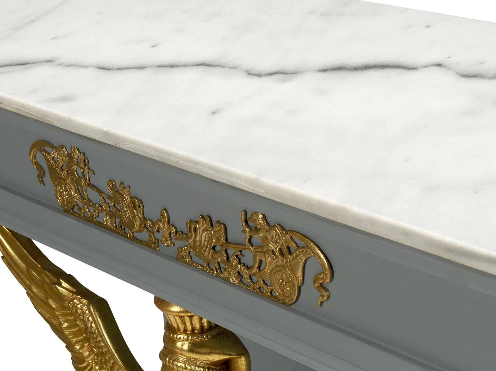Neoclassical Empire Marble Top Ormolu Mounted Gray and Gilt Console Tables, Pair In Good Condition For Sale In Elkhart, IN