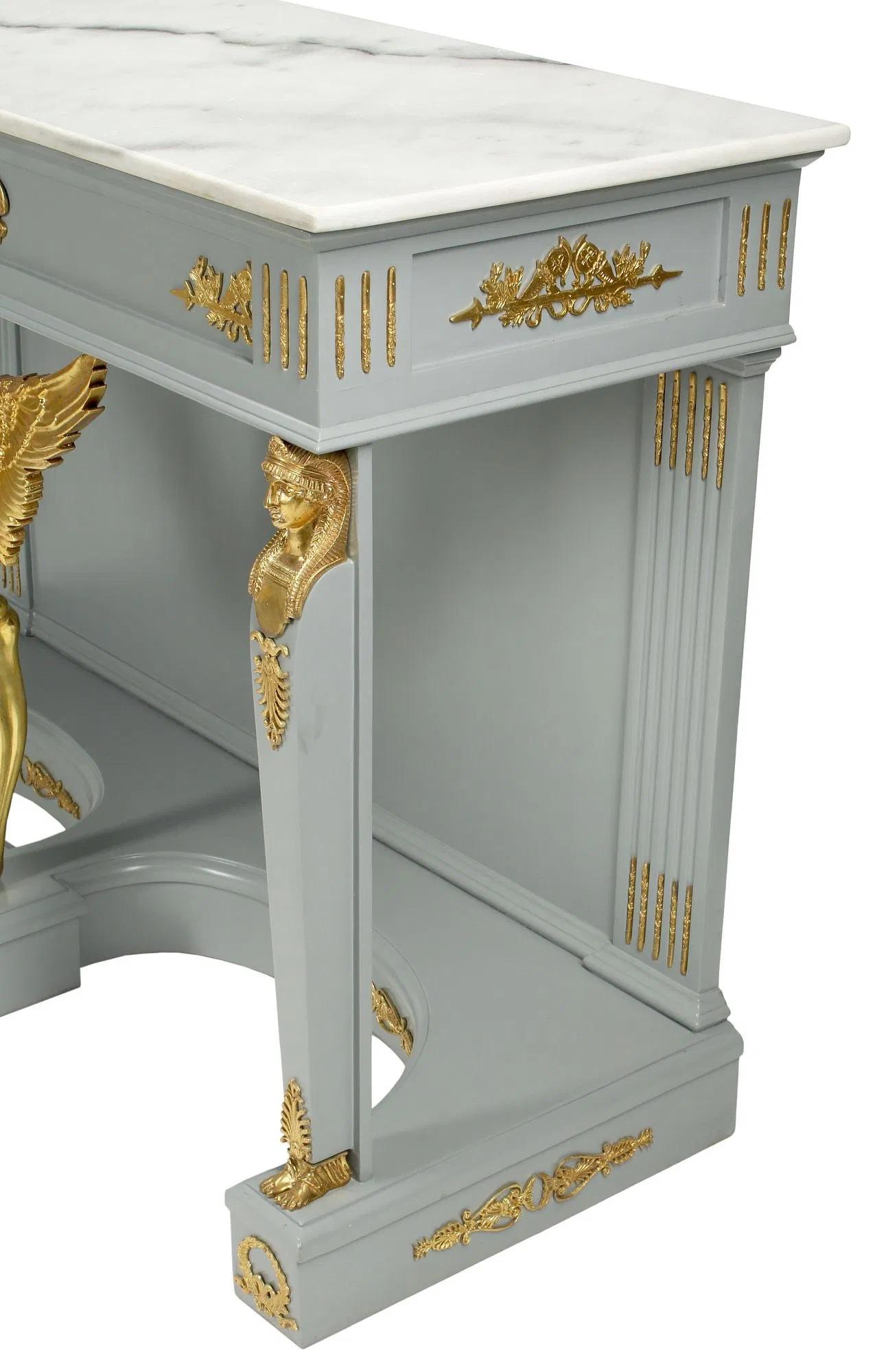 20th Century Neoclassical Empire Marble Top Ormolu Mounted Gray and Gilt Console Tables, Pair For Sale